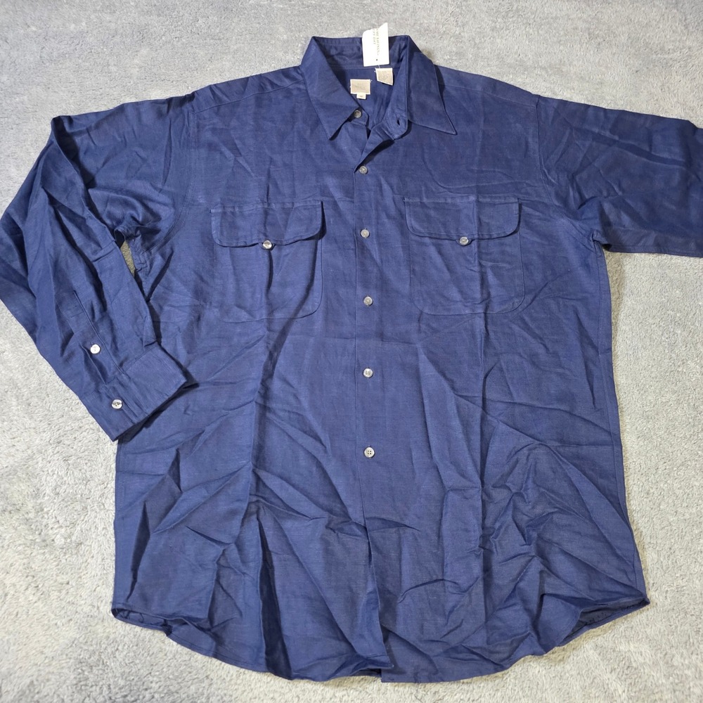 Bill Robinson Mens M Button Down Shirt Navy Blue Linen Blend Utility Long Sleeve